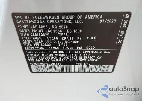 2020 Volkswagen Atlas Cross Sport 2.0T Sel/2.0T Sel Premium/2.0T Sel Premium R-Line/2.0T Sel R-Line из США, поврежденный, VIN 1V2MC2CA7LC205440